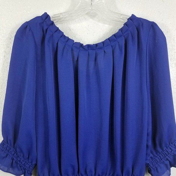 Willi Smith Women's Royal Blue Elastic Waist Tie Neck Medium Shirt Top Blouse - Picture 8 of 13